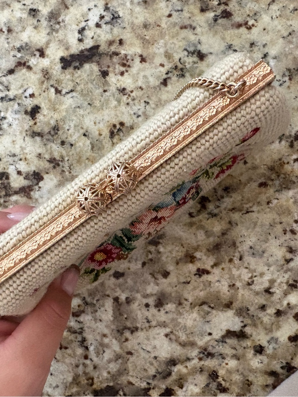 Floral Needlepoint Wristlet Clutch in Cream and Light Blue - Picture 4 of 6